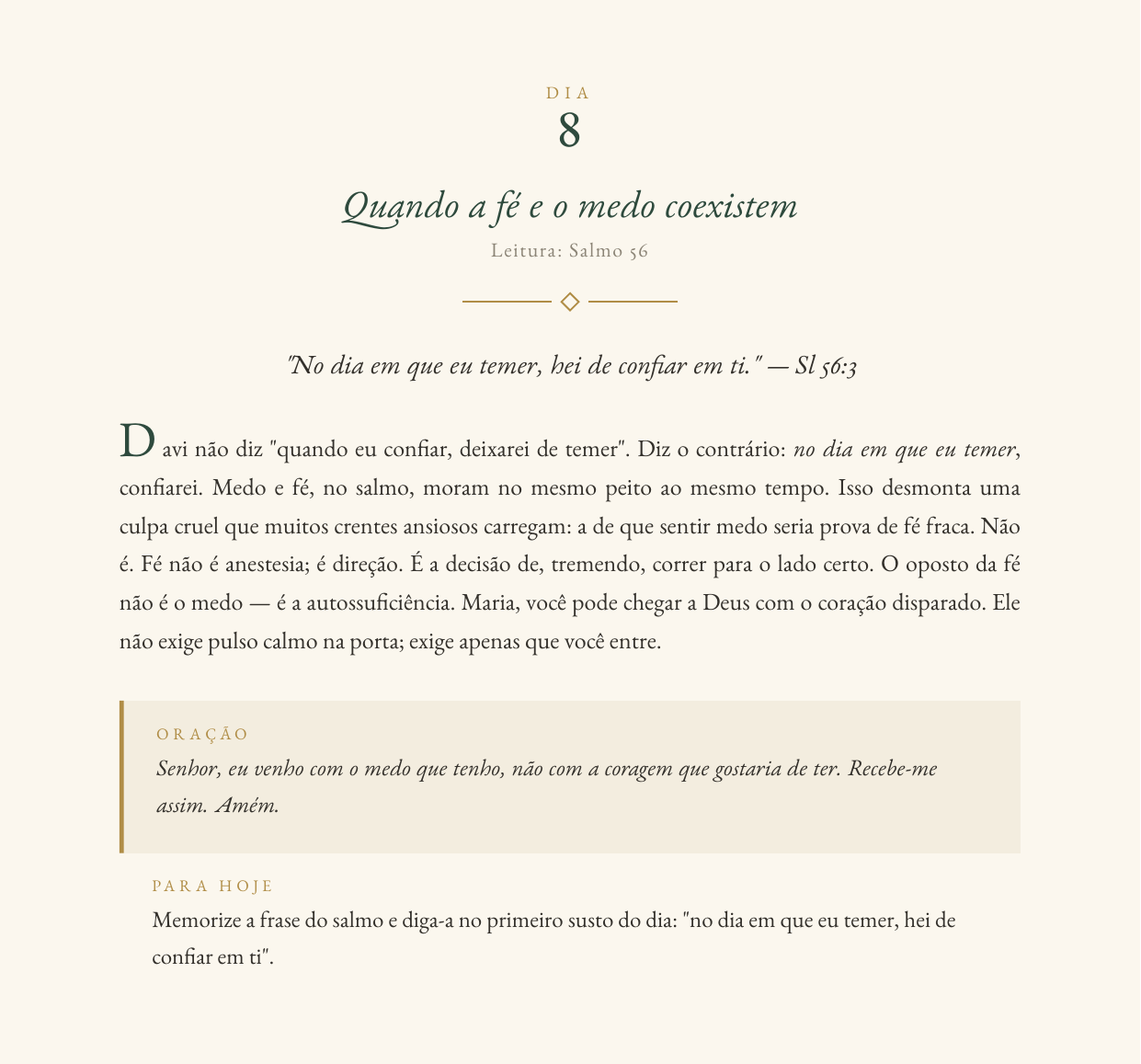 Página real de um devocional Selah — Dia 8, sobre o Salmo 56